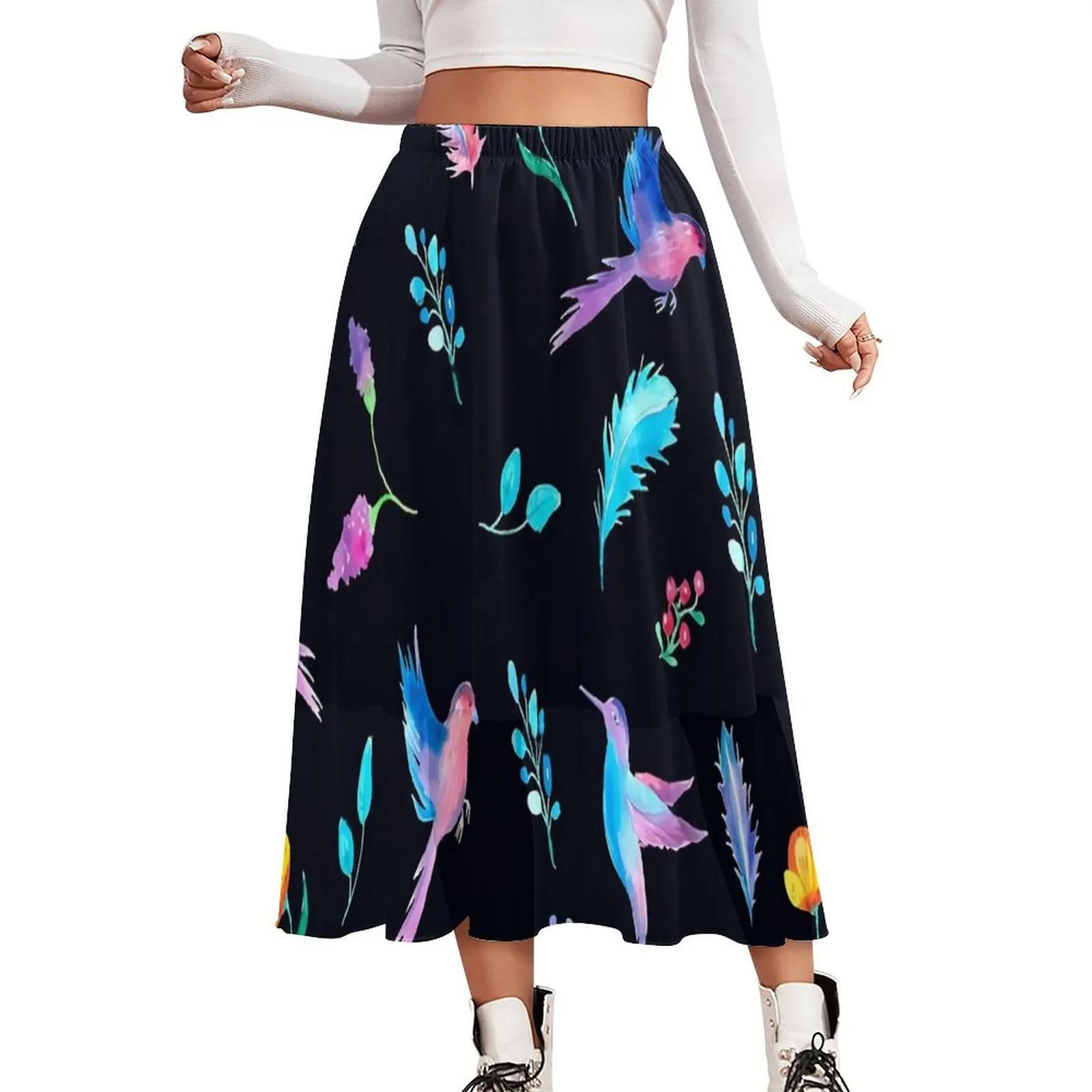 

Kawaii Birds Flower Skirt Feather Print Kawaii Long Skirts Summer Aesthetic High Waist Chiffon Custom Big Size Casual Skirt