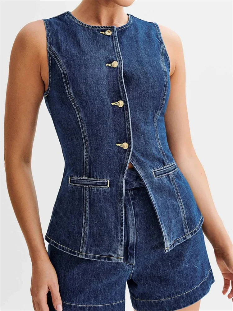 Women\'s Denim Long Vest Tops Button-up Back Slit Sleeveless Pocket Round Neck Waistcoat Coat Streetwear Female Tank Tops