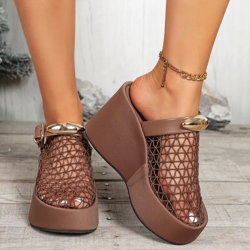 

2026 Platform Wedge Sandals Plus Size Women Mesh Hollow Out Spring Summer Versatile Outdoor Buckle Strap High Heels Slippers