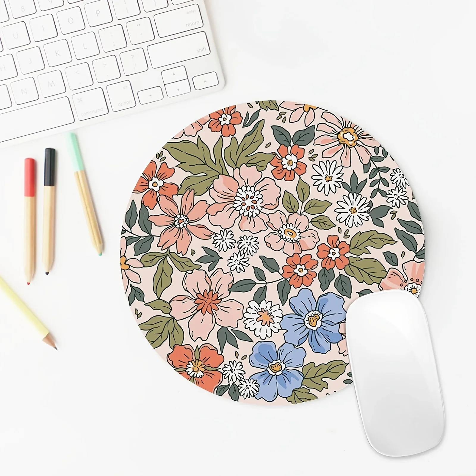 Cute Rubber Mouse Pad Charming Vintage Floral Round Non Slip Desk Mat Offices Accessories Desk Pad Computer Table