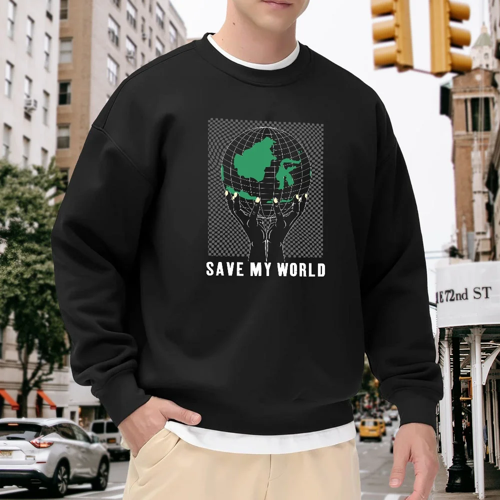 

Men's Black Crew Neck Pullover Sweatshirt with Earth Pattern Letter Print, Loose Casual Street Style Top, Comfortable and Versatile for Everyday Wear