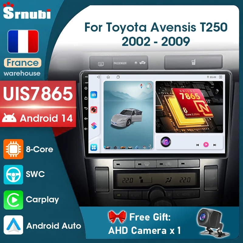 Para Toyota Avensis T25 2002 - 2009 Android14 Auto Carplay Android Auto Radio de Coche Multimedia GPS Navegación Estéreo Pantalla 2 Din 4G WIFI RDS EQ Con Cámara de Visión Trasera Plug and Play