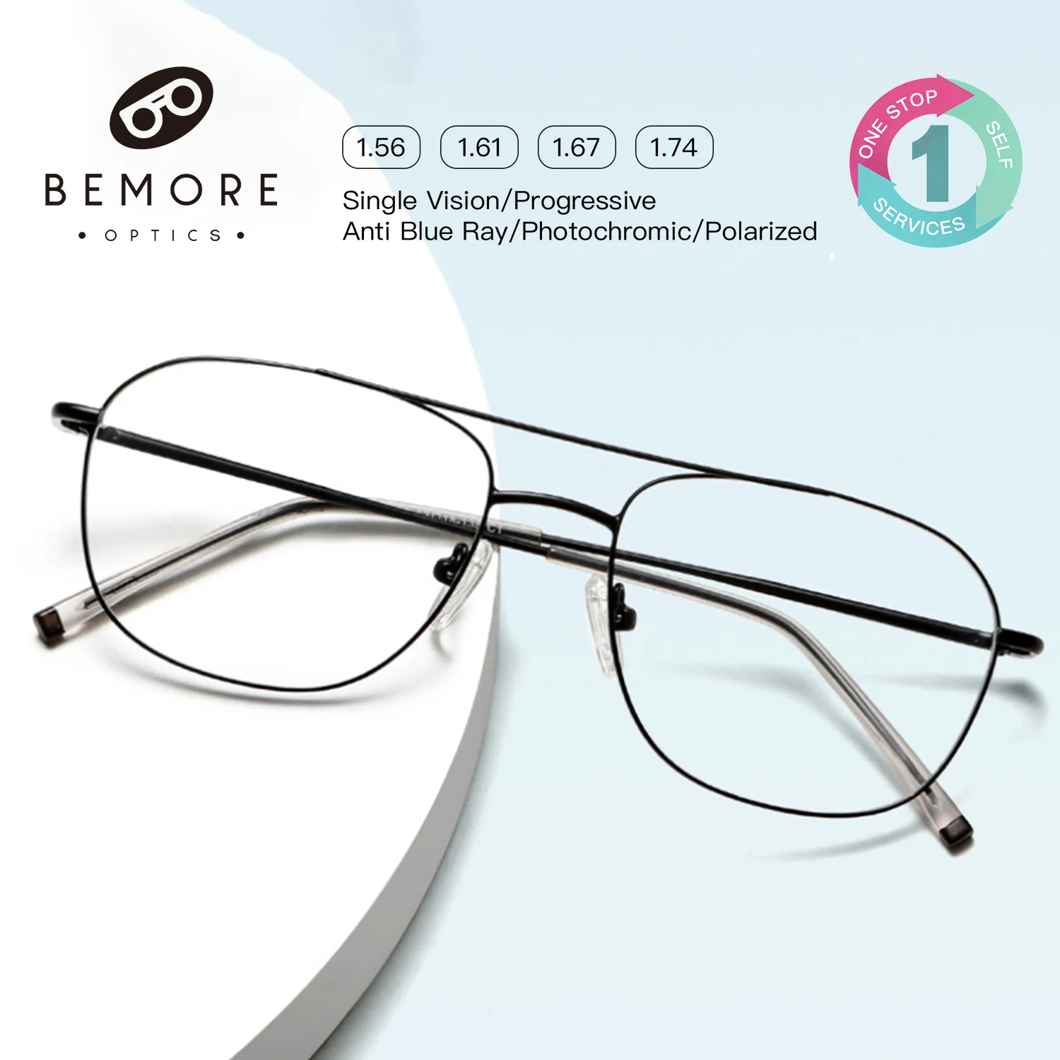 bemore-パイロット型ブルーライトカット高品質金属製リーディングコンピューターメガネ（男性用、度付きレンズのカスタマイズ可能）