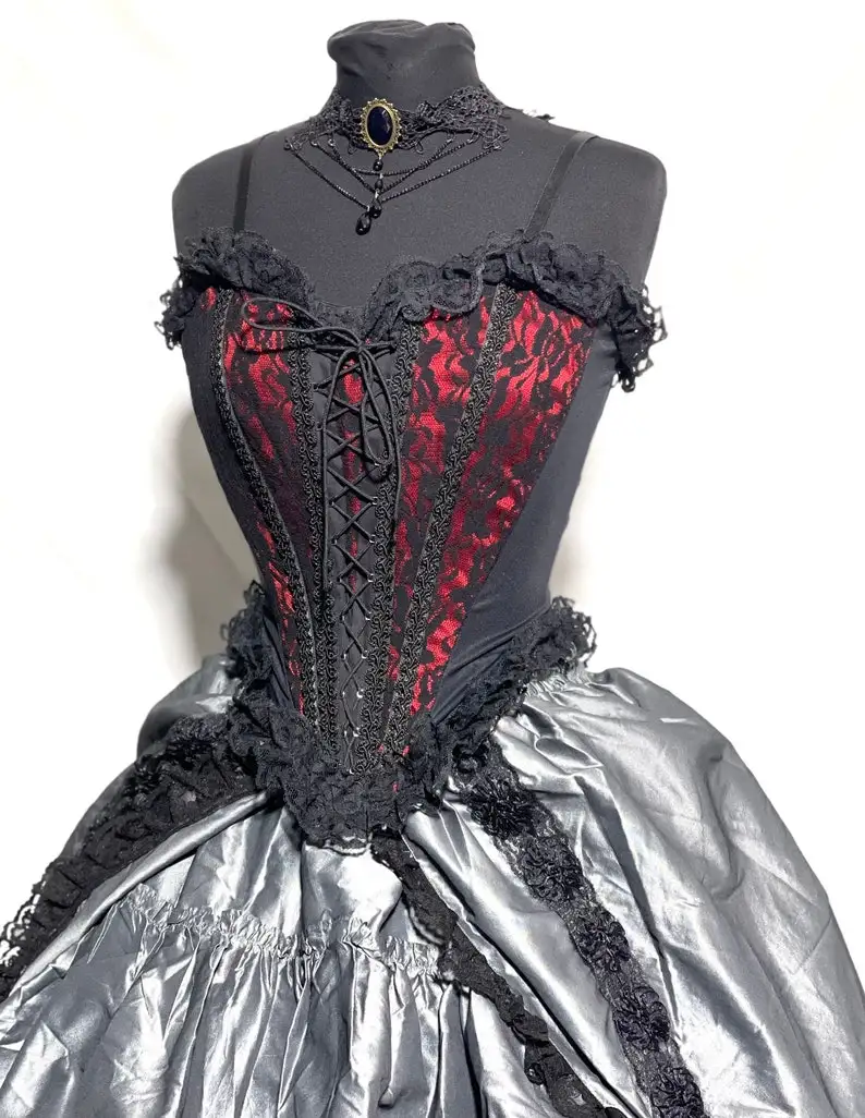 Steampunk gótico vestido de casamento preto e vermelho querida nupcial vestido de baile em camadas até o chão do vintage vestidos de noiva vitoriana