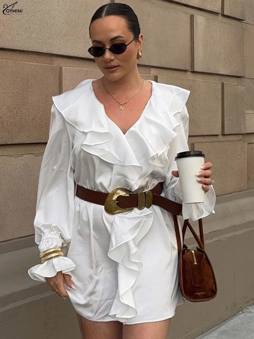

Oymimi Fashion White V-Neck Women's Dress Casual Ruffled Long Sleeve Straight Dresses Elegant Solid Mini Dresses Female Clothing