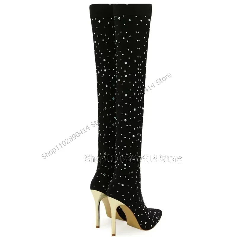 

Crystal Decor Black Pointy Toe Metal Heel Boots Thigh High Women Shoes Stilettos High Heels Fashionable 2023 Zapatos Para Mujere