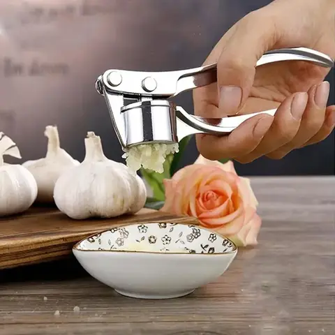 Stainless Steel Garlic Press Kitchen Gadget with Peeler And Cleaning Brush - Multi-Function Garlic Mincer And Ginger Peeler for