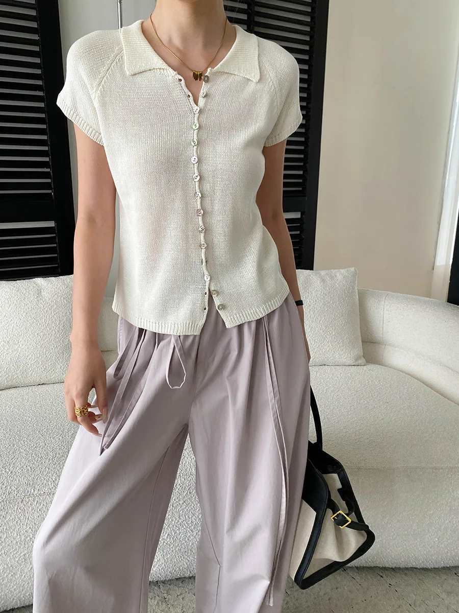 

Spring and summer women's casual solid color collar slimming short sleeved knitted cardigan