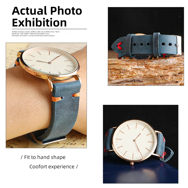 Vintage Crazy Horse Leather Watchband 16mm 17mm 18mm 19mm 20mm 21mm 22mm Blue Hand-stitched Quick Release Watch Strap For Men