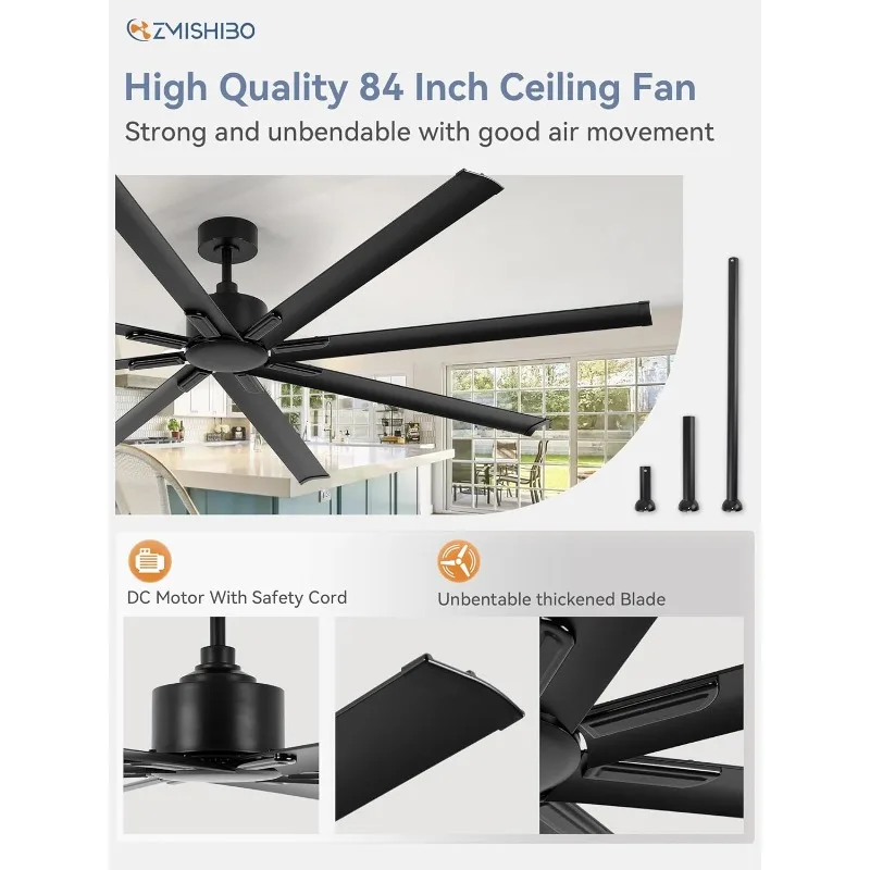 84 Inch Industrial DC Motor Ceiling Fan, Large Ceiling Fan with 8 Reversible Blades, 3 Downrods, 6-Speed Remote Control