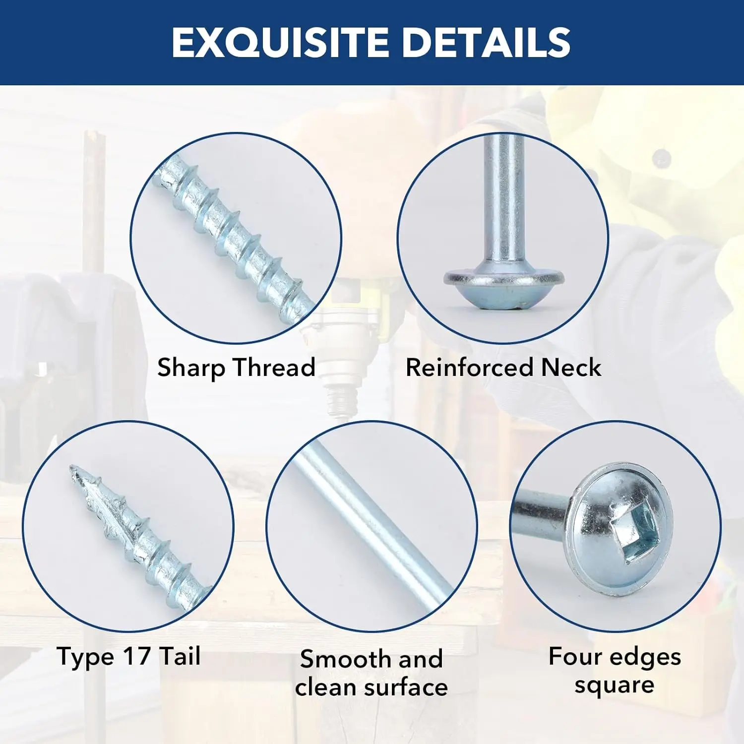 150-piece set of #8 carbon steel pocket-head screws, zinc-plated, with washers, coarse thread, square drive