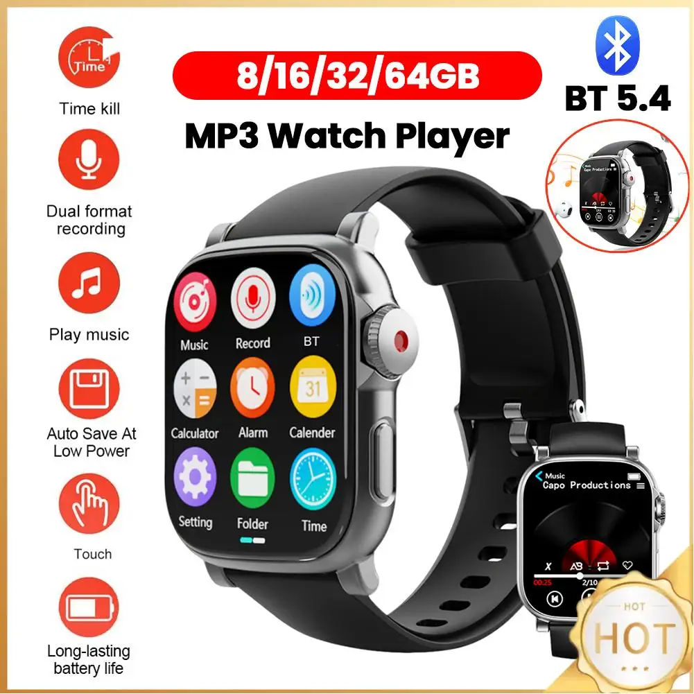

MP3-плеер-часы с Bluetooth 5.4, сенсорным экраном, встроенным динамиком, диктофоном, портативный плеер для мужчин и женщин