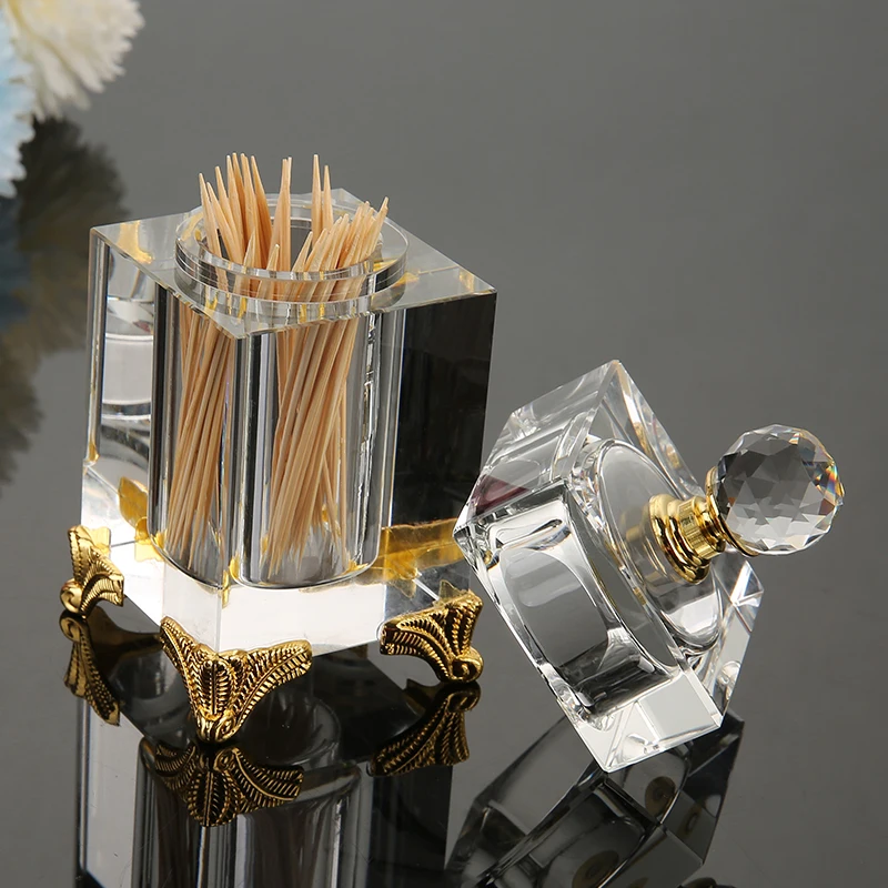 Nordic Tall Crystal Glass Toothpick Box with Lid Luxury Amber Transparent Cotton Swab Toothpick Box Dining Table Storage Jar