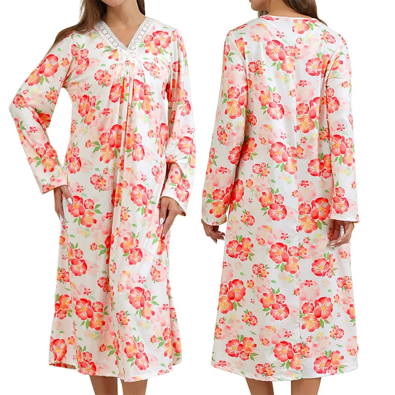 

Long Lace Sleepwear Women's Comfortable Breathable Home Clothes Printed Large Size Bamboo Fiber Sleep Dress Summer New