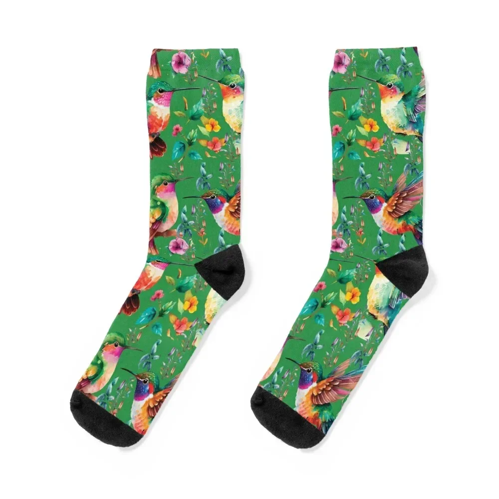 HUMMINGBIRDS ON GREEN Socks with print floral crazy Mens Socks Women's