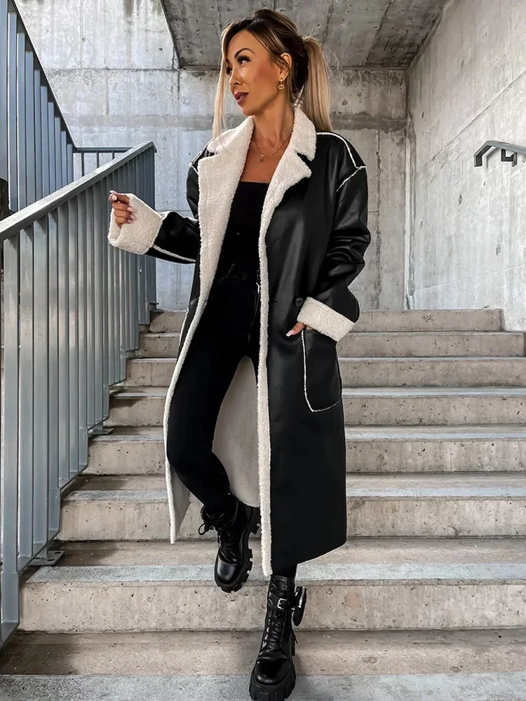Women Faux Leather Turndown Collar Belt PU Overcoat 2023 Warm Loose Long Sleeve Female Jacket Cool Lady Elegant Pocket Coat