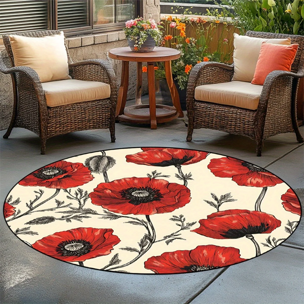 Poppy Floral Round Area Rug, Modern Red Flower Pattern Circular Floor Mat for Living Room Bedroom, Spring Easter Home Decor