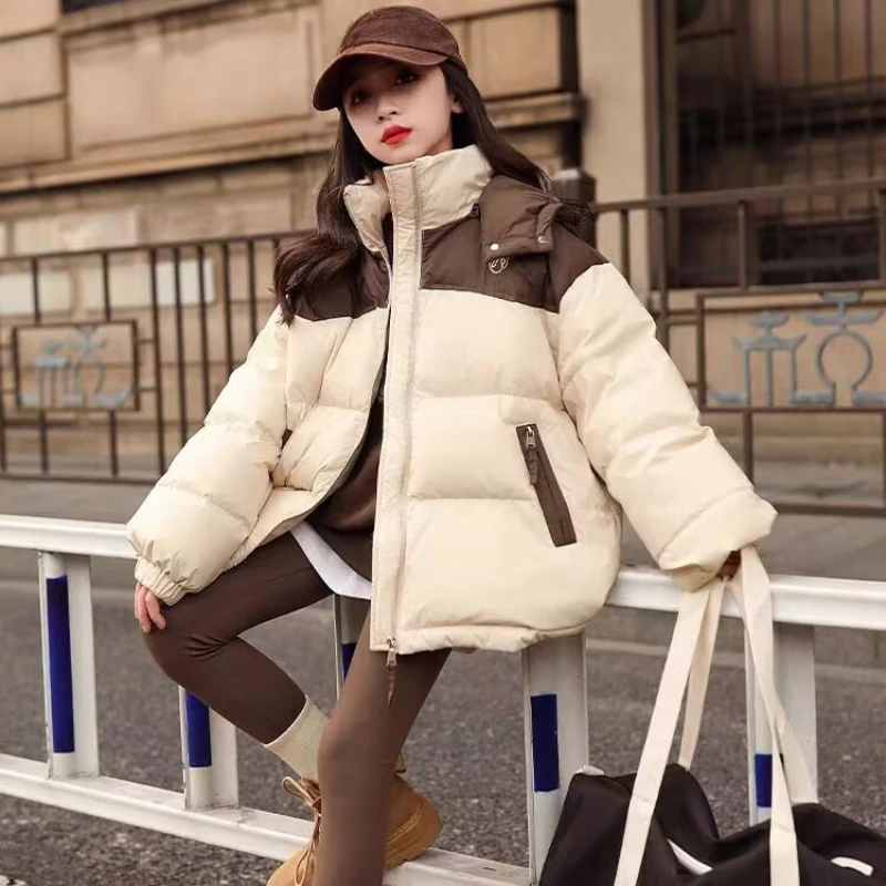 

Women's Short Splicing Color Collision Warm Down Jacket, Casual Coat, Cute Short Parker, Fall and Winter, New, 2024