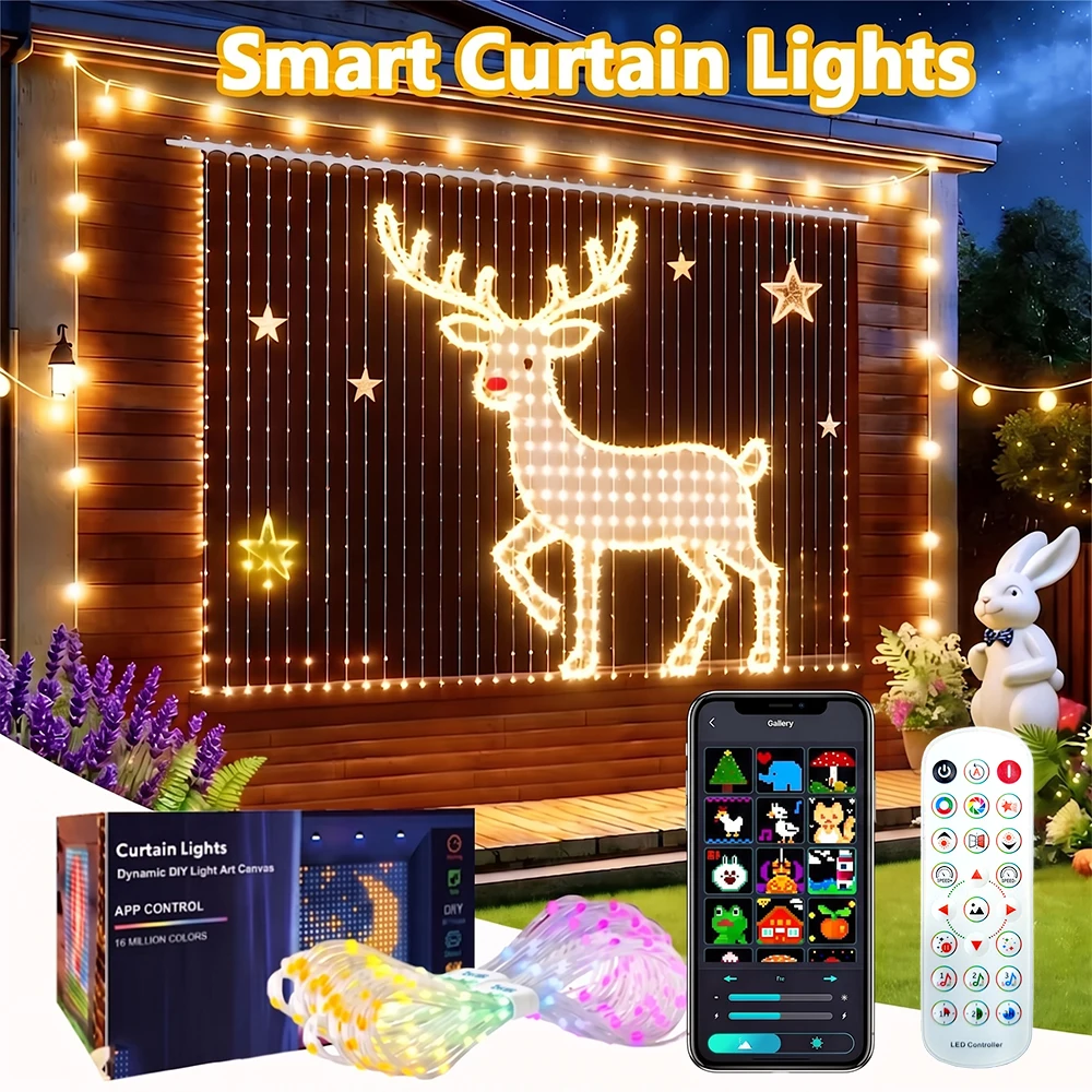 Smart Curtain Lights Curtain String Lights Waterproof DIY Color Pattern Text Music Sync for Xmas Indoor Outdoor Backdrop Decor