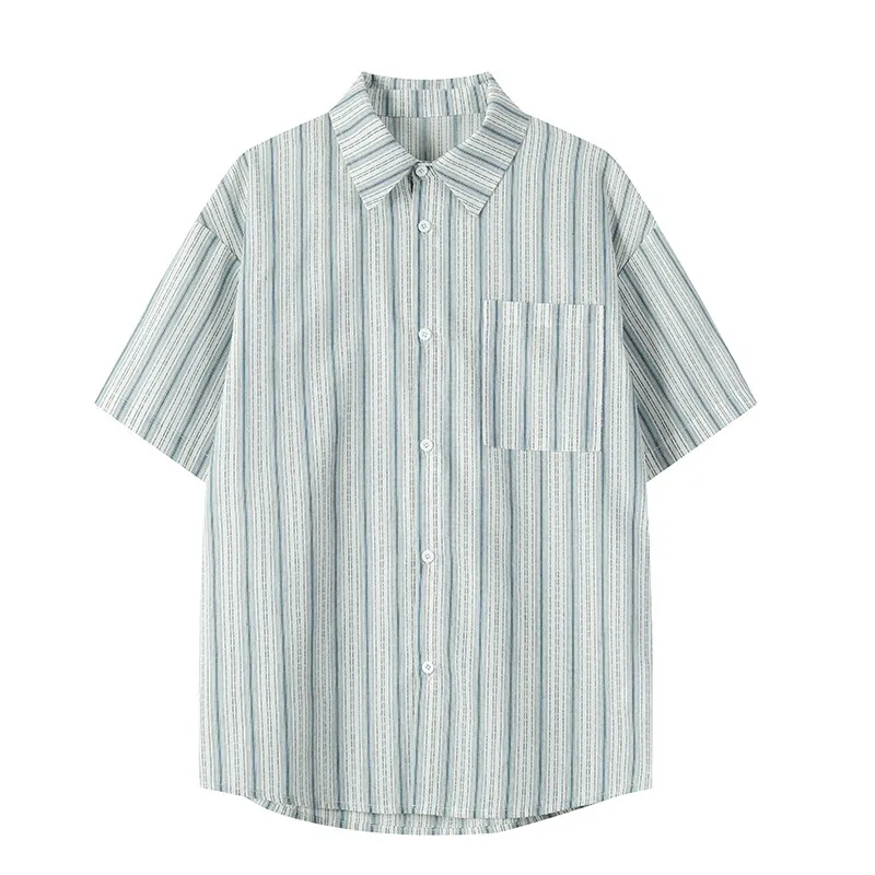 Korean Style Striped Shirt Harajuku Street Short-sleeved Shirt Casual Single-breasted Top Men's Clothing Summer Thin T-shirt