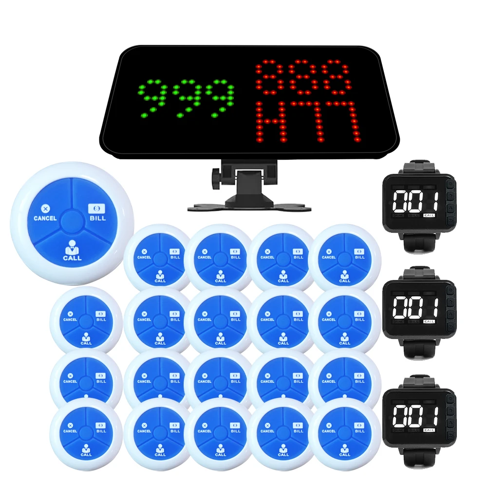 Restaurant Wireless Waiter Call System Service Call Button1 Number Display 20 Waterproof Buttons 3 Watch Pager