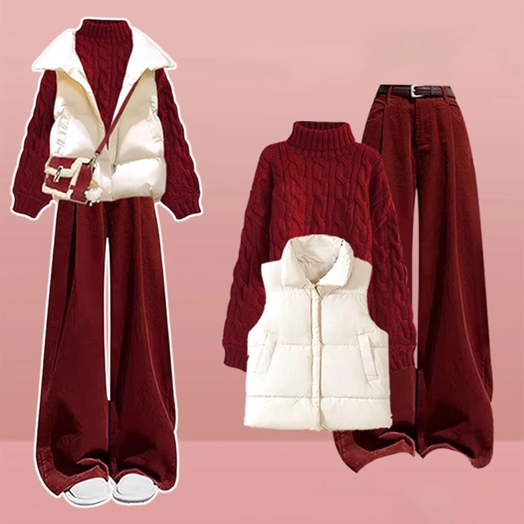 

Winter Faion plus Size Women's Knitted Sweater And Wide Leg Pants Tee Piece Set in Red Casual Wear Comfortable Cotton Clo...