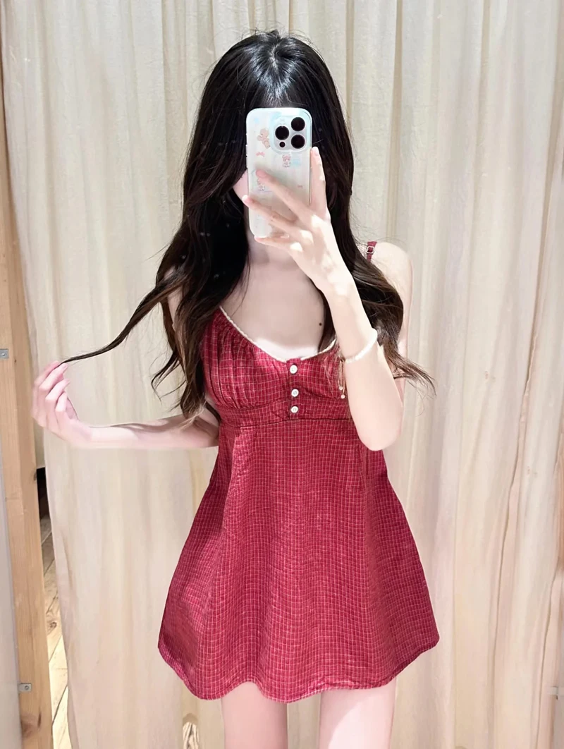 Minivestido Babydoll con botones y tirantes tipo camisola para mujer en cuadros