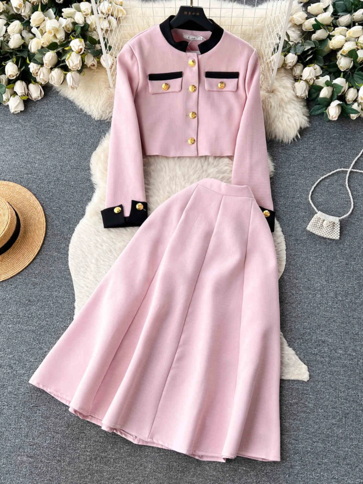 

Faionable High Waist Skirt Set Women's round Ne Button up Slimming Two Piece Suit Ele Spring Collection
