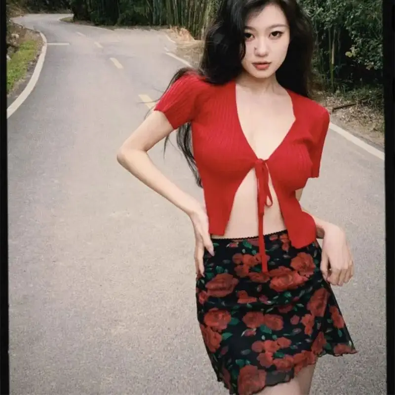 Two-Piece Pure Desire V-Neck Vintage Red Knit Top Printed Rose Skirt Vintage Slim Skirts Sexy Sheer Mesh Skirt Women Clothing