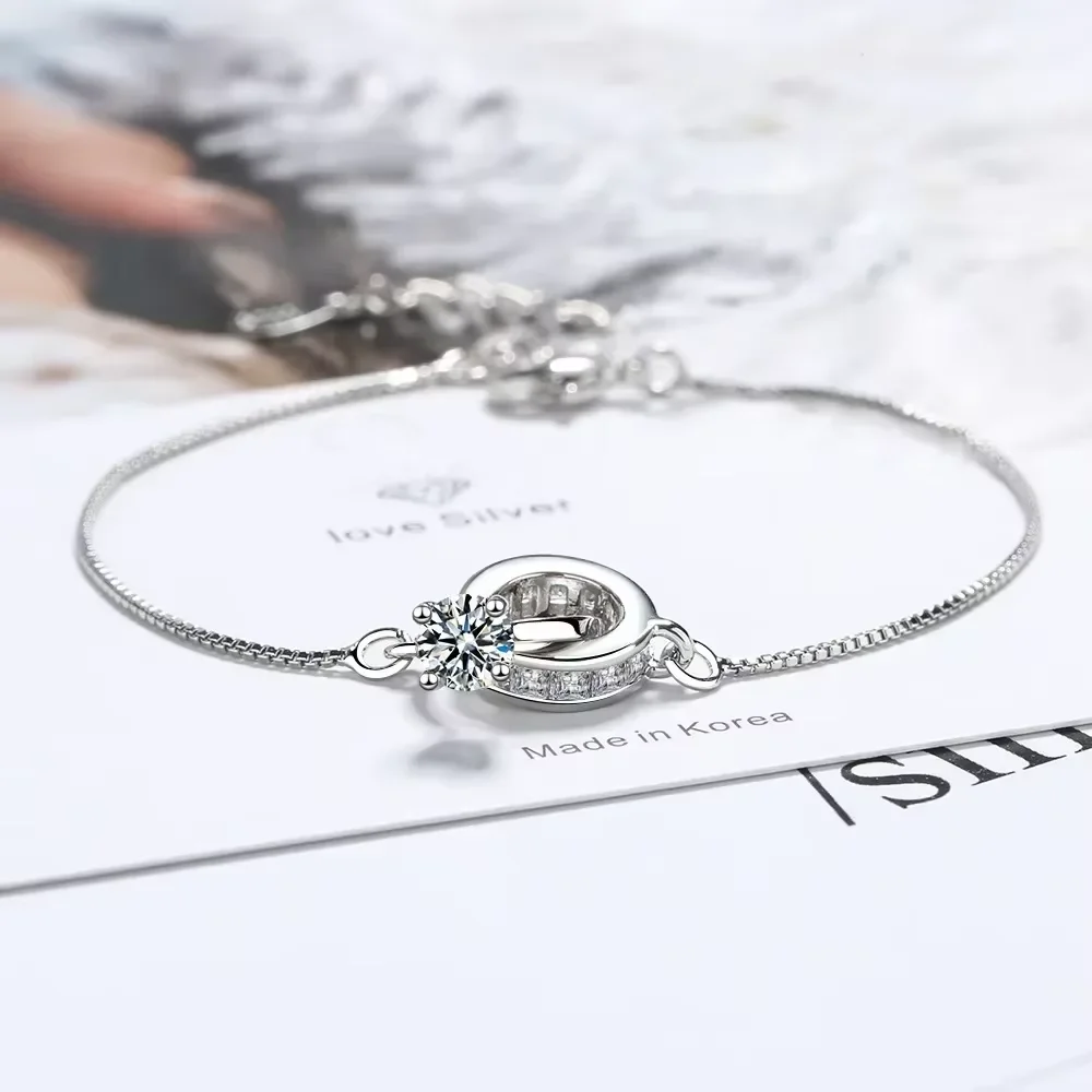 925 Sterling Silver Simple Geometric Double Ring Women's Zircon Bracelet, Lock The Vows, Luxury Jewelry Accessories