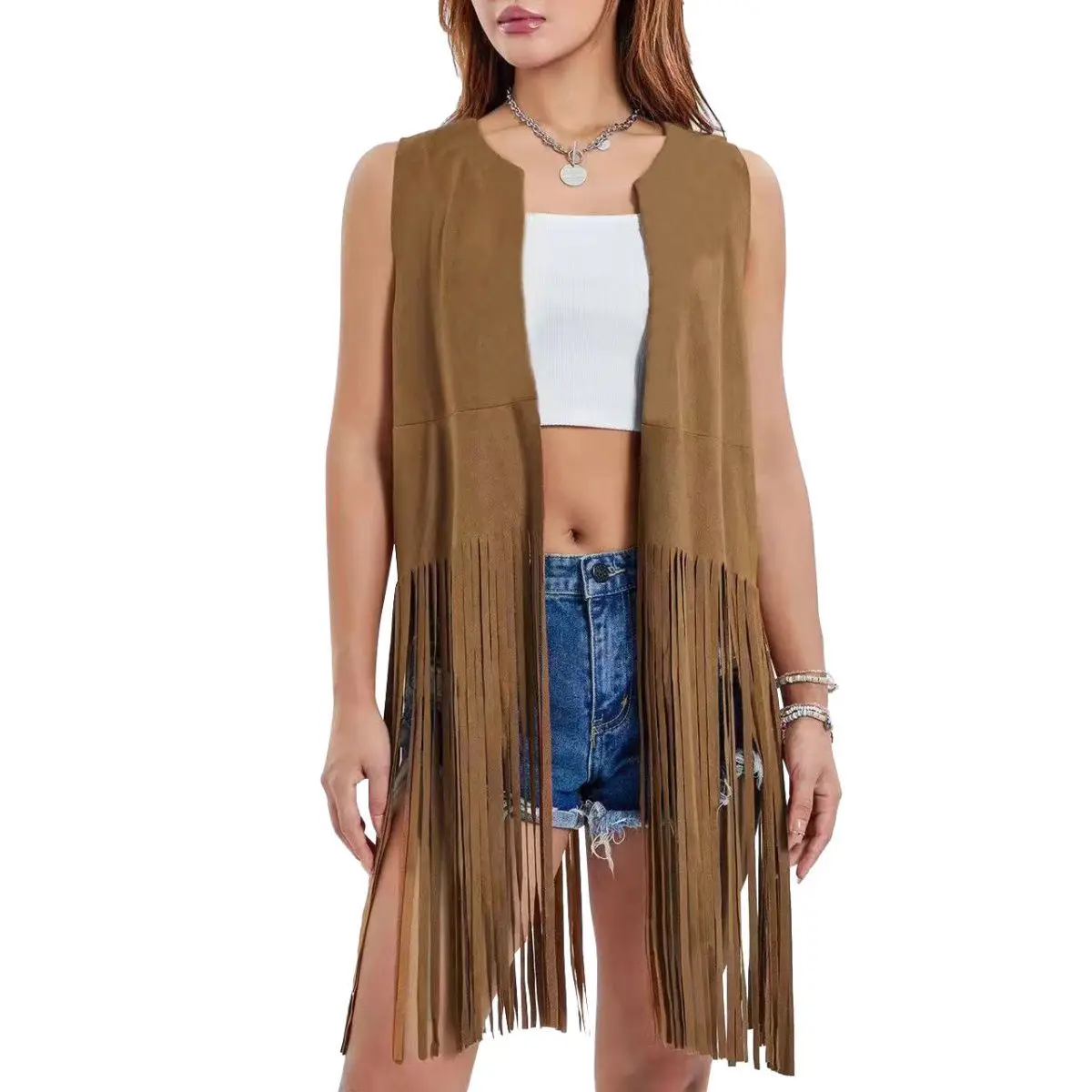 Women Fringed Cardigan Solid Color Thin Vest Sleeveless Coat