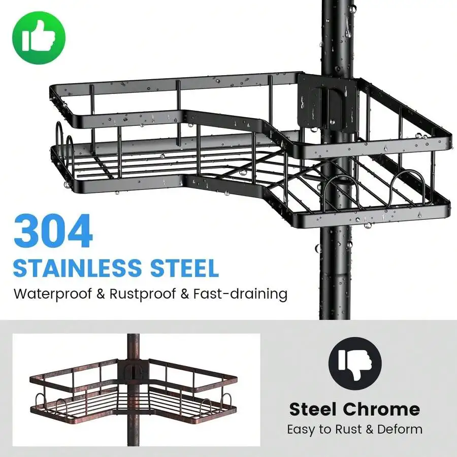 Shower Caddy With Tension Pole: 4 Tier Adjustable L-Shaped Shower Organizer For Bath Essentials, 43.5 To 120 Inch, Black