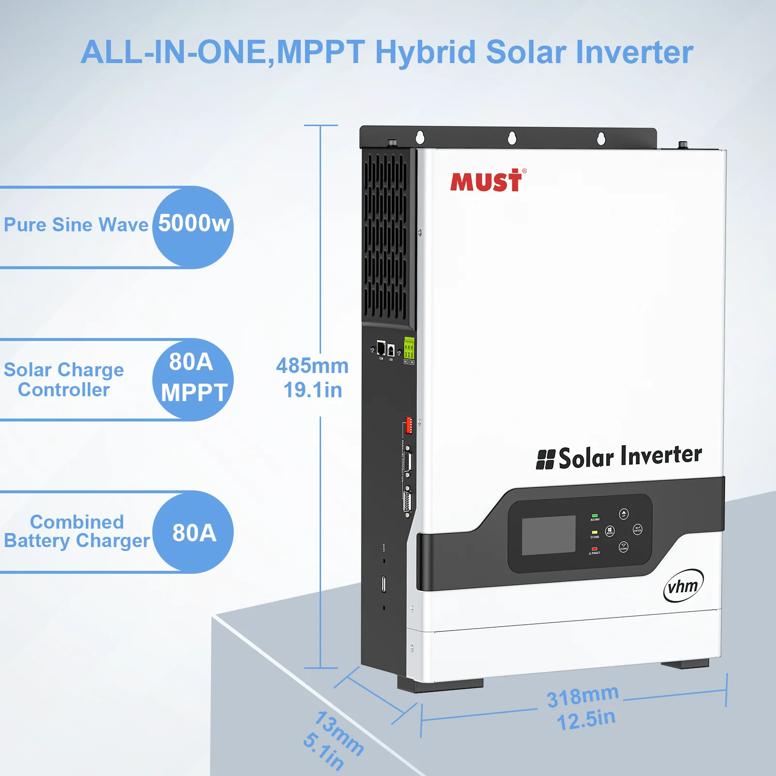 MUST 1KW 2KW 3KW 4KW 5KW 8KW 10KW PV solar hybrid mppt80a 100a PV450V inverter battery