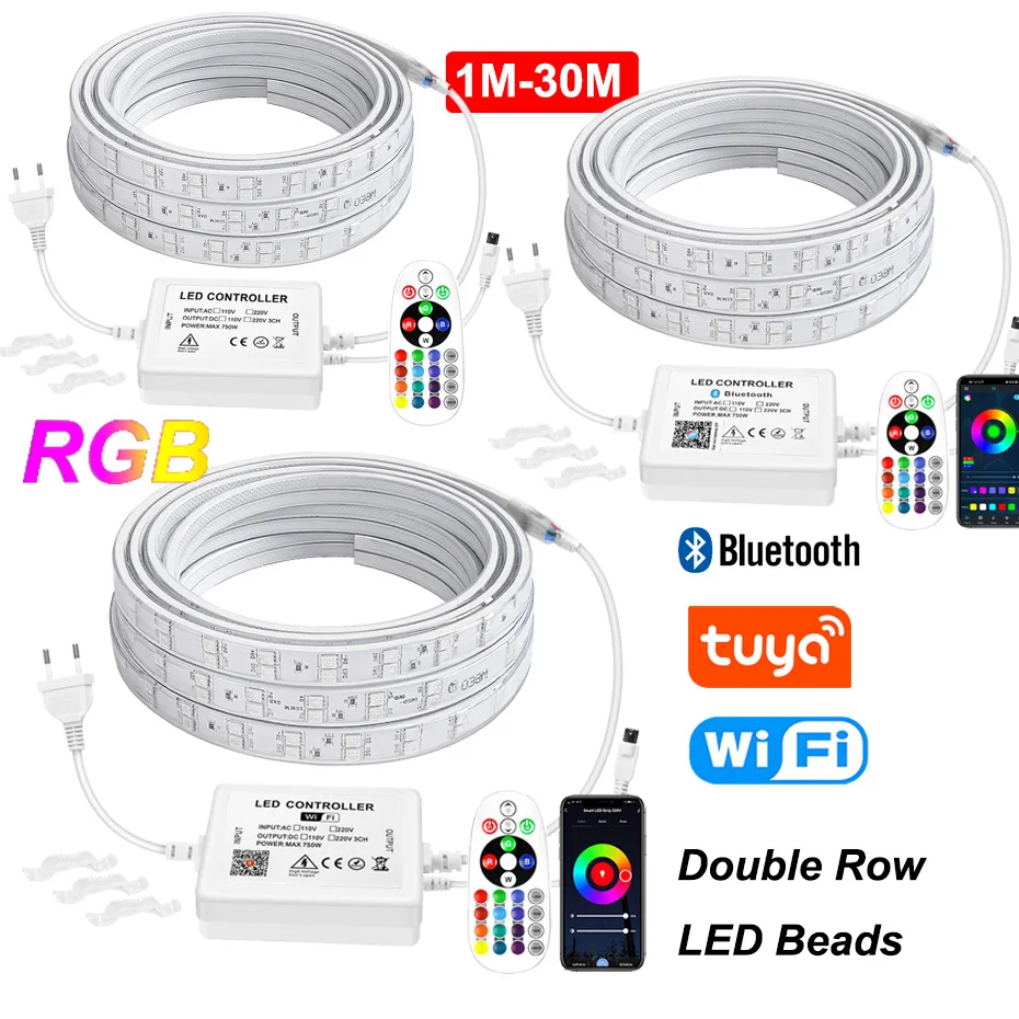 1m-20m-30m-4pin-rgb-led-strip-light-220v-waterproof-flexible-ribbon-tuya-wifi-bluetooth-control-ir-remote-double-row-led-beads
