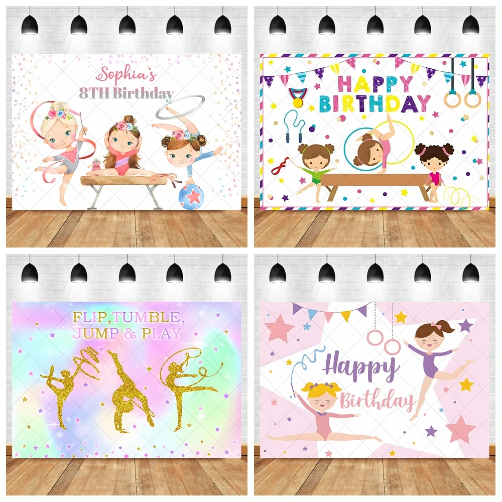 Gymnast Girl Birthday Background Banner Flip Jump Tumble and Play Kids Party Decoration Rhythmic Gymnastics Photography Backdrop