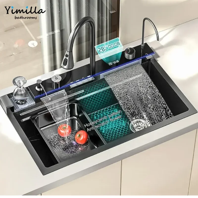 modern Black Single Bowl Stainless Steel led Digital Display Waterfall Anti-scratch Multifunction Kitchen Sinks with cup washer