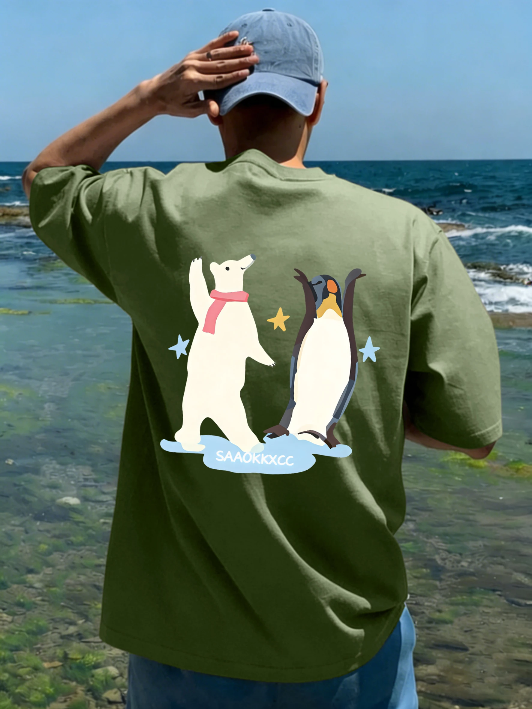 Penguins And Polar Bears Dance Together Pattern Men Cotton Soft Streetwear Summer Street T-Shirts Loose Breathable Casual Tops