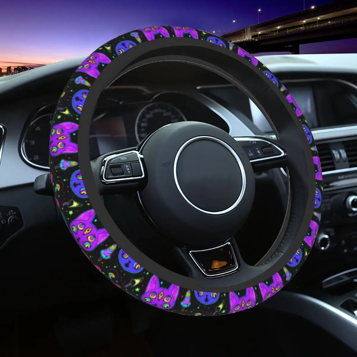 Psychedelic Cat Car Steering Wheel Cover 38cm Non-slip Suitable Car-styling Car Accessories