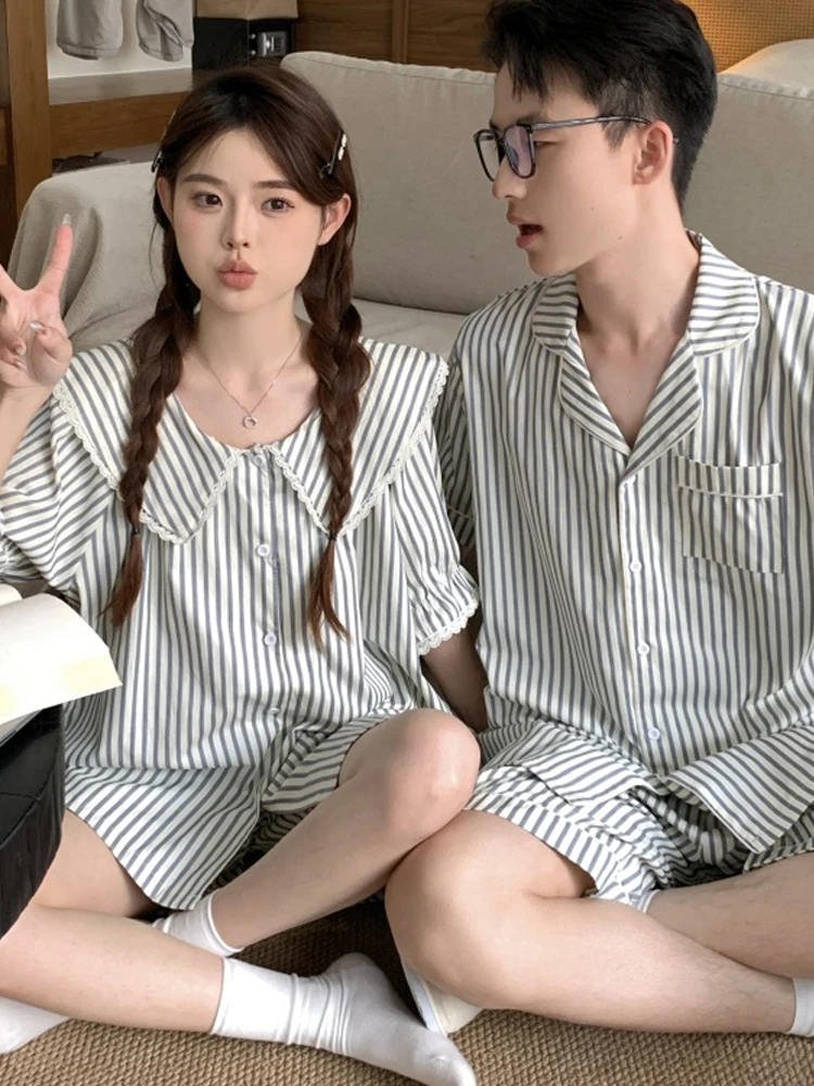 

Couples Summer Spwear Cotton Linen ort Sve Doll Collar Home Clothes Set Cute Home Leisure Suit Casual Flounce Design