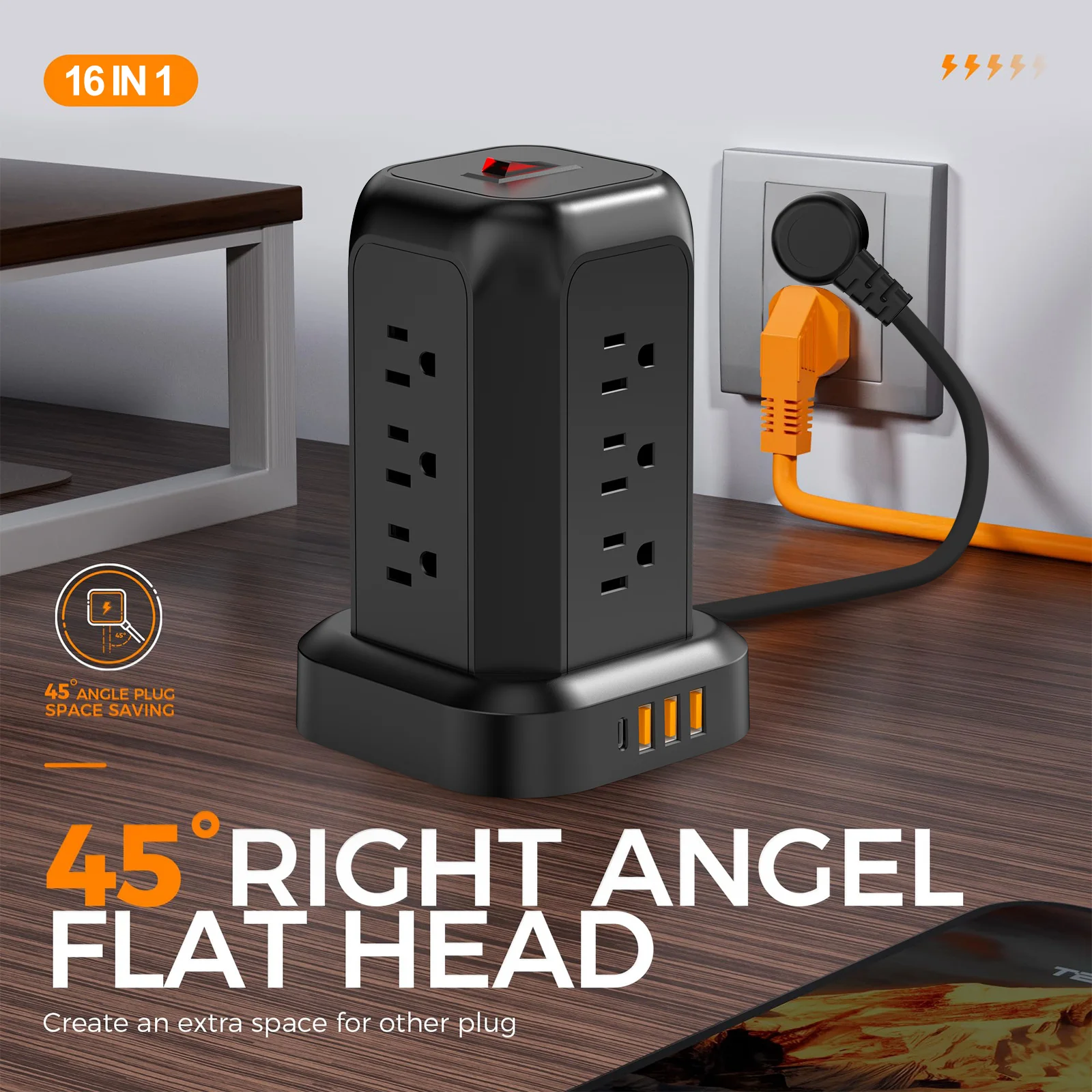 16 in 1 power board with 12 sockets, 3 USB ports, and 1 USB C port, USB charging station, suitable for home and office use