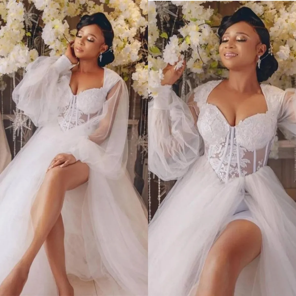 

White Bridal Robe with Lace Wedding Robes for Brides A Line Tulle Sexy Long Sleeve Wedding Dress
