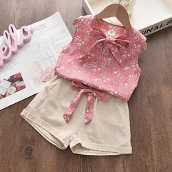 Summer Girls Children Casual Sleeveless Chiffon Blouse + Shorts Suits 2pc Suits