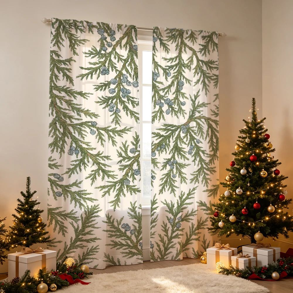 2PCS Juniper branches blue berries Print Curtains, Bedroom Living Room Window Drapes, Rod Pocket Polyester, Home Decor