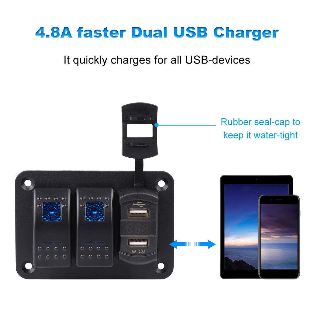 2/3/4 Gang Rocker Switch Panel  With Digital Voltmeter 4.2A Dual USB Port 12V Outlet  Charging Switch Panel For Car Marine Boat