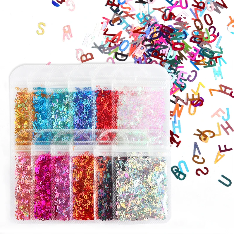 PrettyG 5mm Letter Glitter Shape English Alphabet Glitter Flakes Sequin Shiny Glitter Supplies For Resin Nail Art DIY Decoration