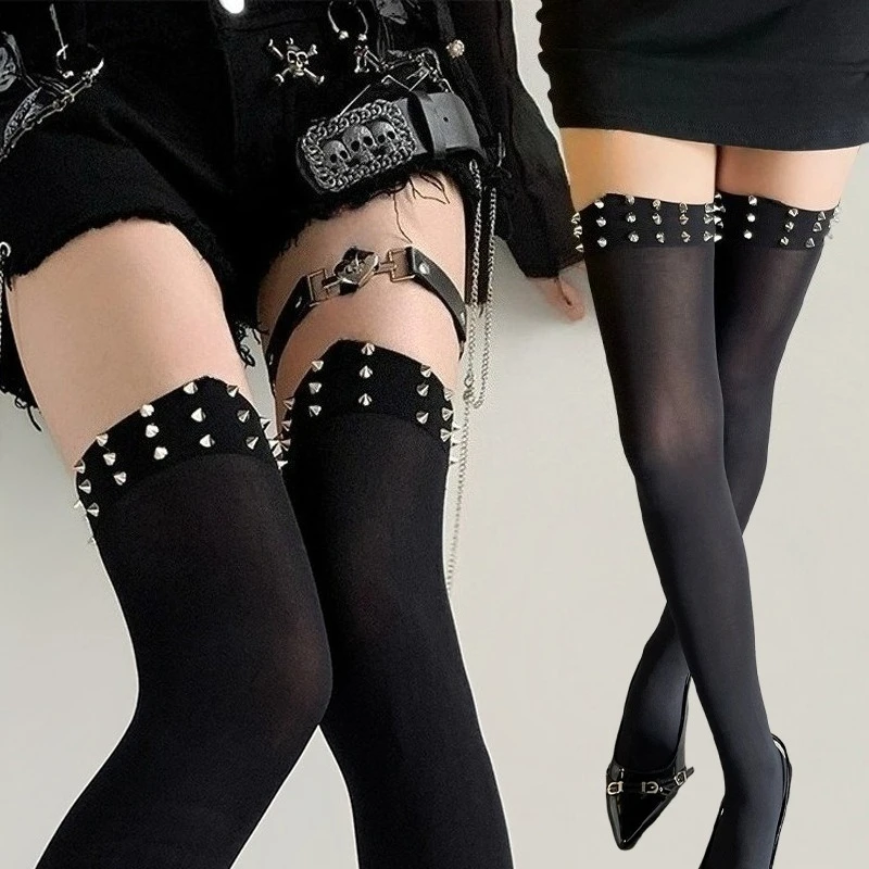Punk High Quality Black Knee-length Stockings Summer Retro Punk With Rivets Thigh-high Sheer Socks Lolita Rock Fashion Stockings
