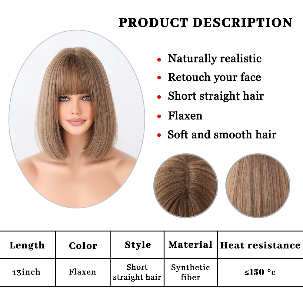 Short Straight Flaxen Black Wig for Women Heat Resistant Synthetic Fiber Wigs with Bangs Shoulder Length Cosplay Party Daily Use