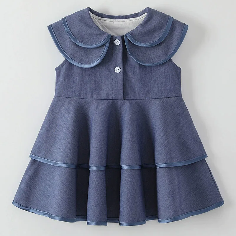22025 Summer Girls Boutique Clothes Korean Fashion Cute Doll Collar Sleeveless Denim Blue Princess Kids Dress Baby Dresses B016