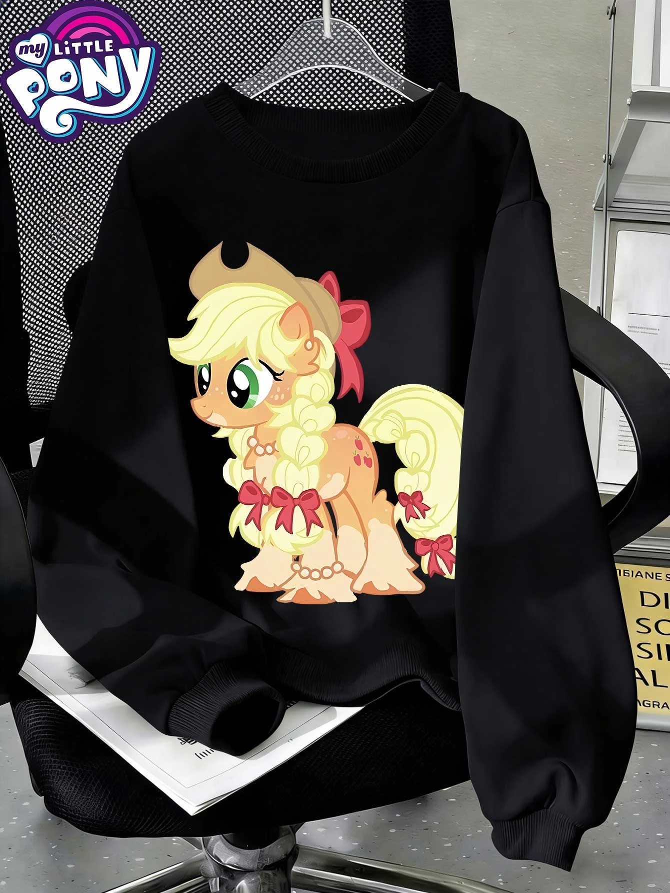 

My Little Pony Bow Applejack Print Sweatshirt Women Casual Black Crewneck Pullover