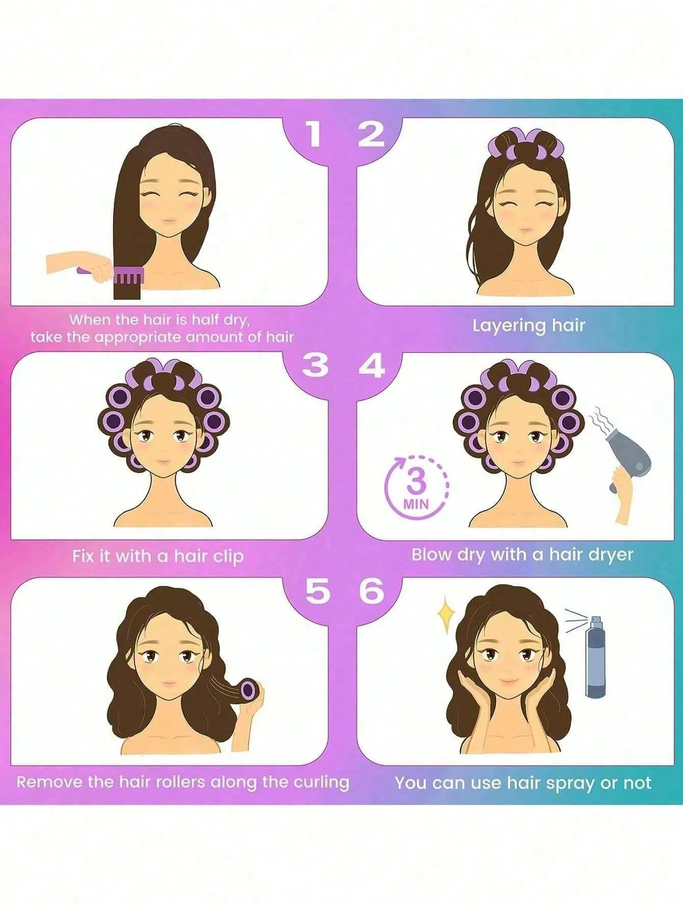 Conjunto de rolos de cabelo autoadesivos, 16 peças, para diferentes comprimentos de cabelo, modeladores sem calor com clipes como ferramenta de estilo de cabelo diy